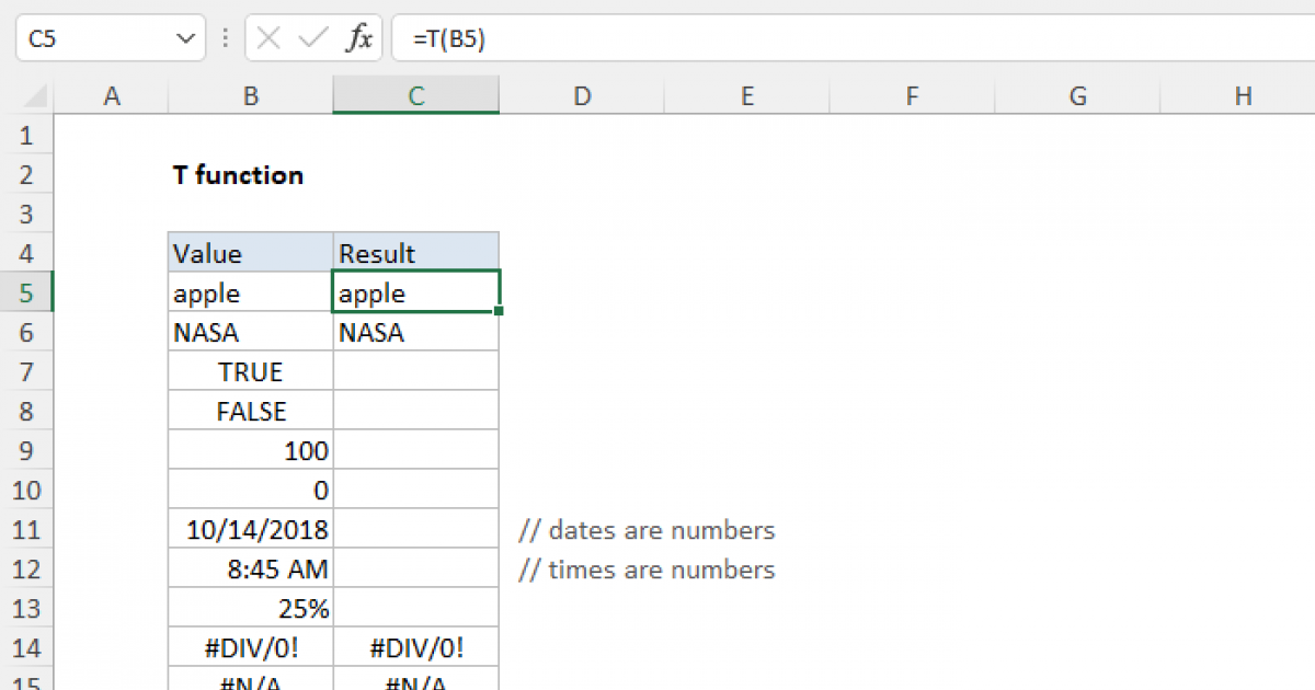 excel function to find t value